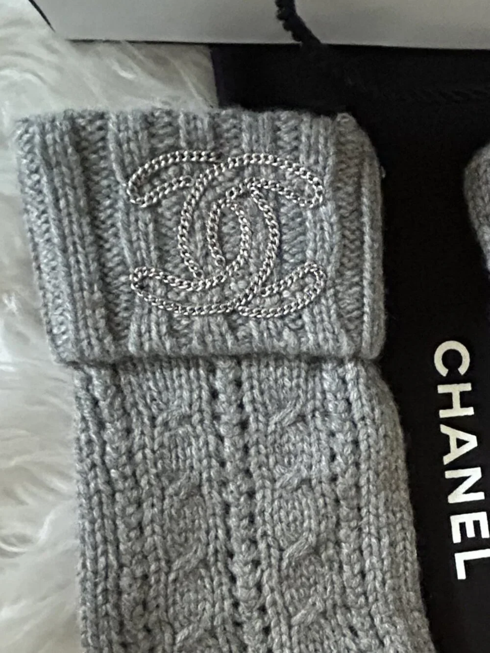 Chanel Cashmere Fingerless Chain Link CC Gloves Gray